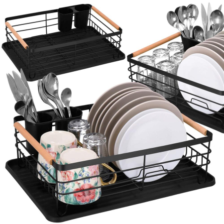 Uscator de vase cu suport tacamuri, din otel, cu tava de scurgere, manere lemn, 42x32x15cm, negru [13]