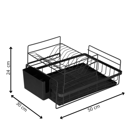 Uscator de vase cu suport tacamuri, din otel, pe 2 nivele, cu tava de scurgere, 50x30x24cm, negru [20]