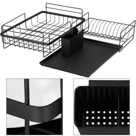 Uscator de vase cu suport tacamuri, din otel, pe 2 nivele, cu tava de scurgere, 50x30x24cm, negru [15]