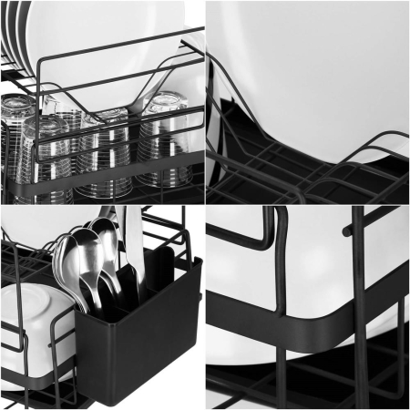Uscator de vase cu suport tacamuri, din otel, pe 2 nivele, cu tava de scurgere, 50x30x24cm, negru [14]
