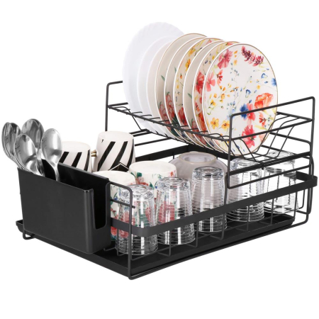 Uscator de vase cu suport tacamuri, din otel, pe 2 nivele, cu tava de scurgere, 50x30x24cm, negru [13]