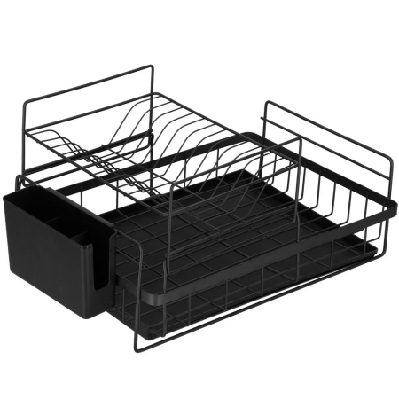 Disponibil livrare locker - Uscator de vase cu suport tacamuri, din otel, pe 2 nivele, cu tava de scurgere, 50x30x24cm, negru