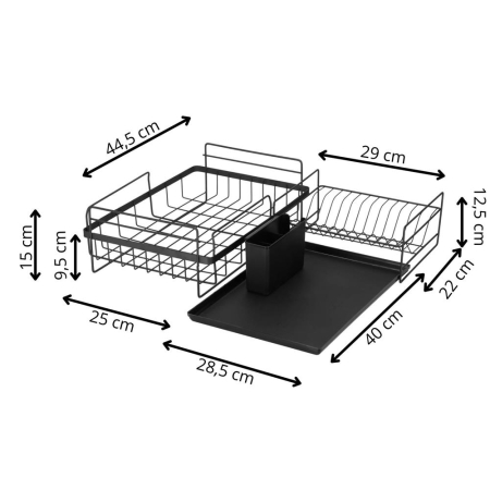 Uscator de vase cu suport tacamuri, din otel, pe 2 nivele, cu tava de scurgere, 50x30x24cm, negru [21]