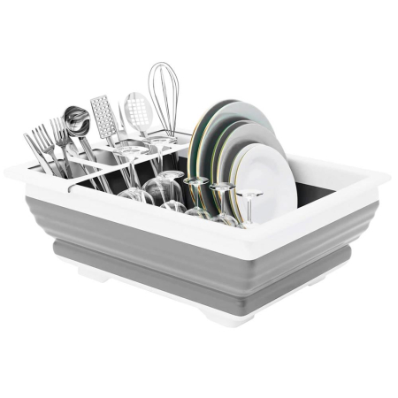 Uscator de vase pliabil, din pastic si silicon, 36x31x12cm, suport tacamuri, alb si gri [4]