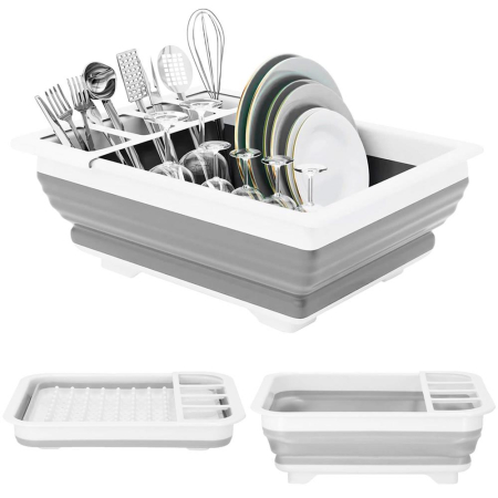 Uscator de vase pliabil, din pastic si silicon, 36x31x12cm, suport tacamuri, alb si gri [11]