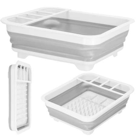 Uscator de vase pliabil, din pastic si silicon, 36x31x12cm, suport tacamuri, alb si gri [13]