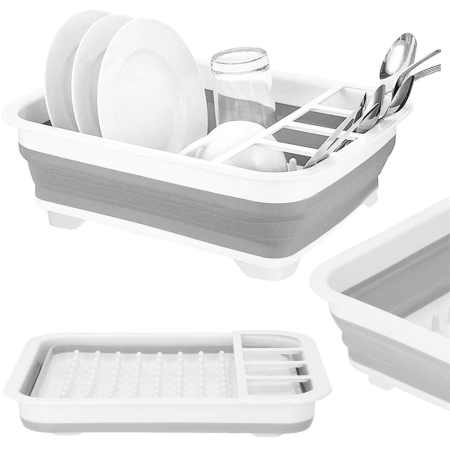 Uscator de vase pliabil, din pastic si silicon, 36x31x12cm, suport tacamuri, alb si gri [8]