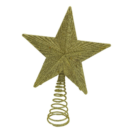 Varfuri Decorative - Varf decorativ de brad, Auriu, in forma de Stea, cu design in relief, din Plastic/Metal, 15.5 cm x 20.5 cm, Interior/Exterior, 