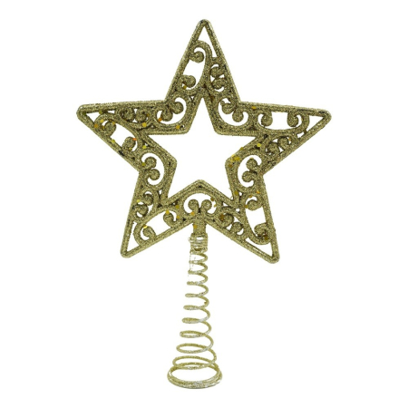 Varfuri Decorative - Varf decorativ de brad, Auriu, in forma de Stea, decupata in centru, din Plastic/Metal, 14 cm x 19 cm, Interior/Exterior, 