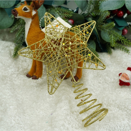 Varf decorativ de brad, Auriu, in forma de Stea, design cu paiete, din Plastic/Metal, 13 cm x 18 cm, diametru 4 cm, Interior/Exterior,  [7]