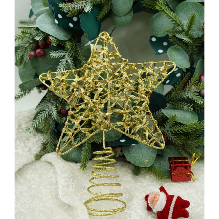 Varf decorativ de brad, Auriu, in forma de Stea, design cu paiete, din Plastic/Metal, 18 cm x 23 cm, Interior/Exterior,  [6]