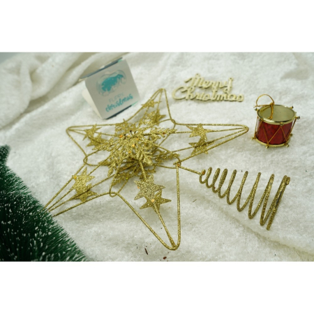 Varf decorativ de brad, Auriu, in forma de Stea, design de stele, din Plastic/Metal, 25 cm x 27 cm, Interior/Exterior,  [9]
