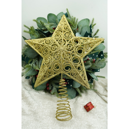 Varf decorativ de brad, Auriu, in forma de Stea, design spiralat, din Plastic/Metal, 29 cm x 38 cm, Interior/Exterior,  [2]