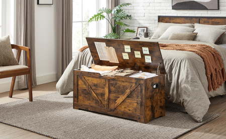 VASAGLE Banca de depozitare tip cufar, cu 2 balamale de siguranta, stil hambar, 40x100x46cm, maro rustic [8]