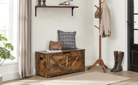 VASAGLE Banca de depozitare tip cufar, cu 2 balamale de siguranta, stil hambar, 40x100x46cm, maro rustic [9]