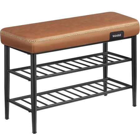 MOBILIER - VASAGLE Banca pantofi 80x30x50 cm, cu rafturi si sezut tapitat, otel si piele PU, maro caramel