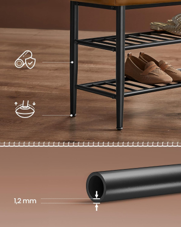 VASAGLE Banca pantofi 80x30x50 cm, cu rafturi si sezut tapitat, otel si piele PU, maro caramel [6]