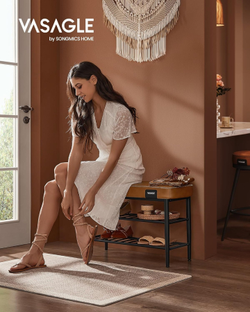 VASAGLE Banca pantofi 80x30x50 cm, cu rafturi si sezut tapitat, otel si piele PU, maro caramel [1]