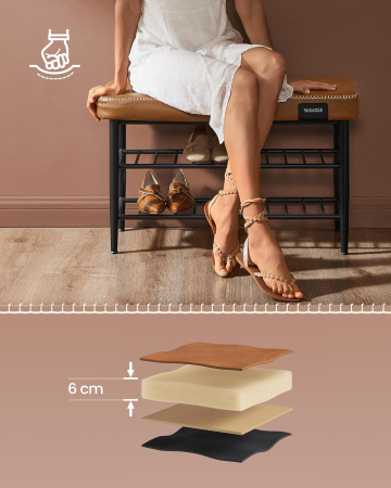 VASAGLE Banca pantofi 80x30x50 cm, cu rafturi si sezut tapitat, otel si piele PU, maro caramel [7]