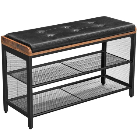 MOBILIER - VASAGLE Banca pentru hol, cu raft suport de pantofi, sezut captusit imitatie piele, design industrial, 30x80x48cm, negru cu maro