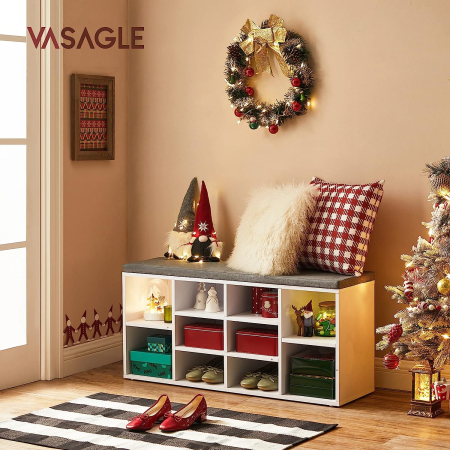 VASAGLE Banca pentru hol cu suport pentru pantofi, 10 compartimente, cu perna, 104x48x30cm, alb [1]