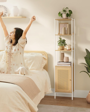 VASAGLE Biblioteca cu 6 etaje, cadru metalic, usa cu efect ratan Boho, 30x40x175 cm, alb si bej [9]