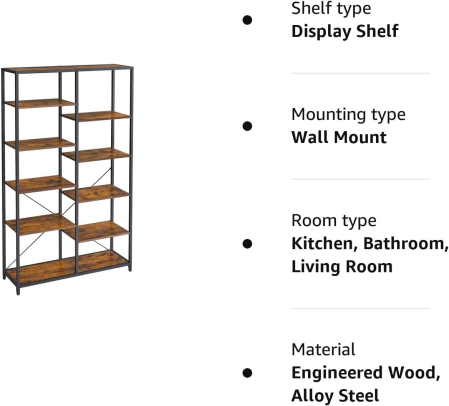 VASAGLE Biblioteca cu suport de depozitare pe 5 etaje, 30x100x170cm, stil industrial, maro rustic si negru [9]