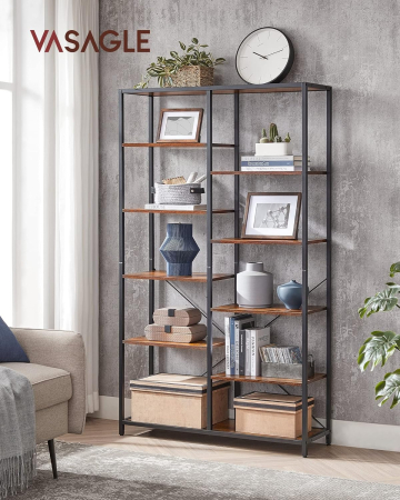 VASAGLE Biblioteca cu suport de depozitare pe 5 etaje, 30x100x170cm, stil industrial, maro rustic si negru [1]