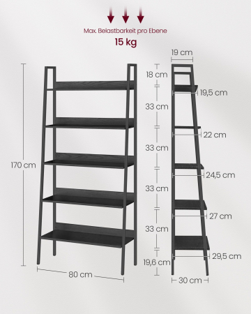 VASAGLE Biblioteca tip scara, cadru otel cu 5 polite, stil industrial, 80x30x170 cm, negru [6]