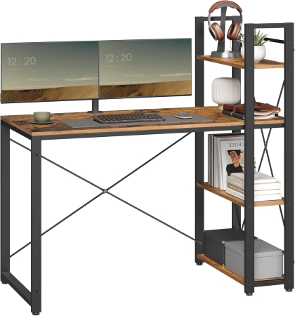 VASAGLE Birou cu raft lateral, montare stanga sau dreapta, industrial, 56x120x120 cm, maro [1]