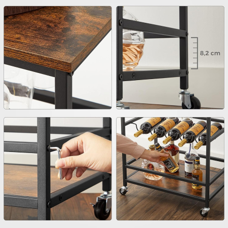 VASAGLE Carucior de servire pe roti, cu suport pentru sticle si pahare de vin, 40x60x82cm, Industrial, Vintage Maro/Negru [4]