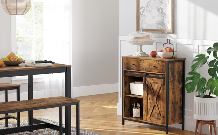 VASAGLE Comoda pentru living sau bucatarie, cu 2 sertare si usa glisanta, rafturi reglabile, stil rustic, 30x70x80cm, maro si negru [1]