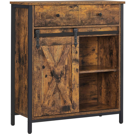 Mobilier bucatarie - VASAGLE Comoda pentru living sau bucatarie, cu 2 sertare si usa glisanta, rafturi reglabile, stil rustic, 30x70x80cm, maro si negru
