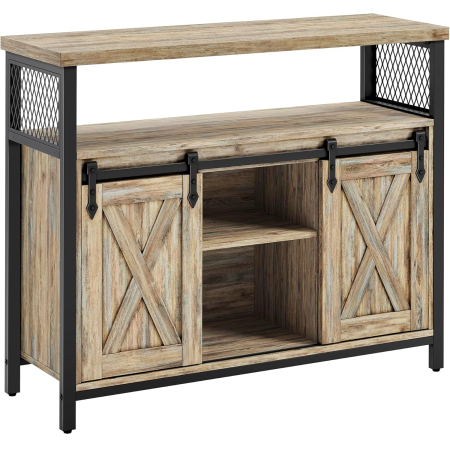 Mobilier bucatarie - VASAGLE Comoda pentru living sau bucatarie, cu 2 usi glisante, rafturi reglabile, stil rustic, 33x100x80 cm, maro natur
