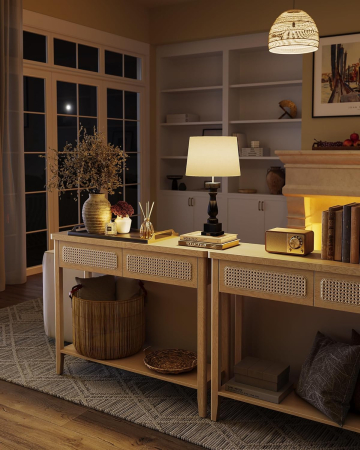 VASAGLE Consola hol 100x30x80 cm, 2 sertare, raft deschis, colturi rotunjite, stil boho, MDF si ratan PVC, bej stejar [3]