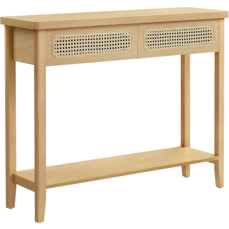 Comode - VASAGLE Consola hol 100x30x80 cm, 2 sertare, raft deschis, colturi rotunjite, stil boho, MDF si ratan PVC, bej stejar