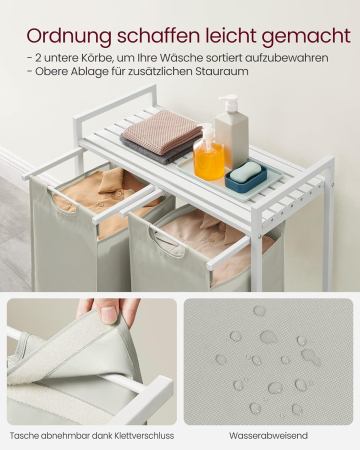 VASAGLE Cos de rufe, 2 compartimente, saci de rufe detasabili, raft, cadru metalic, 2x46L, 73x33x72 cm, alb [3]