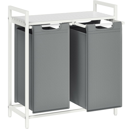 Cosuri de rufe - VASAGLE Cos de rufe, 2 compartimente, saci de rufe detasabili, raft, cadru metalic, 2x46L, 73x33x72 cm, alb si gri deschis