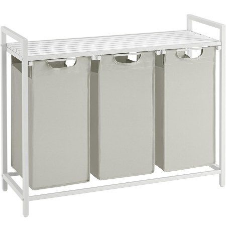 Cosuri de rufe - VASAGLE Cos de rufe, 3 compartimente, saci de rufe detasabili, raft, cadru metalic, 3x38L, 93x33x72 cm, alb