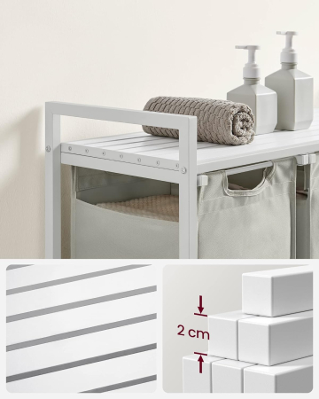 VASAGLE Cos de rufe, 3 compartimente, saci de rufe detasabili, raft, cadru metalic, 3x38L, 93x33x72 cm, alb [3]