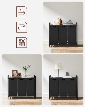 VASAGLE Cos de rufe, 3 compartimente, saci de rufe detasabili, raft, cadru metalic, 3x38L, 93x33x72 cm, maro rustic si negru [6]