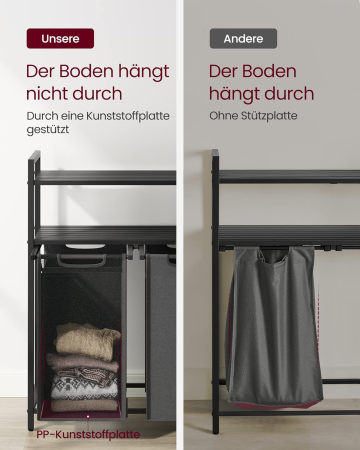 VASAGLE Cos de rufe, cu 2 saci detasabili, 2 rafturi, capacitate de 46L per sac, 73x33x92cm , negru si gri [7]