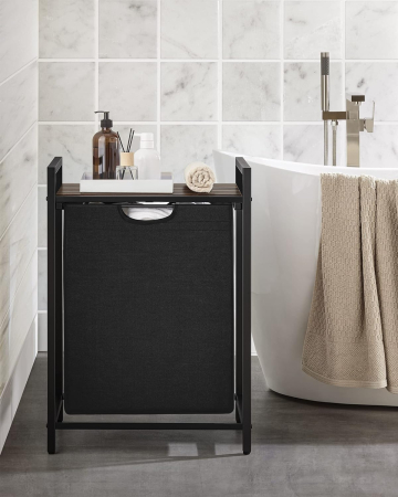 VASAGLE Cos de rufe, sac de rufe detasabil, raft, cadru metalic, 65L, 50x33x72 cm, maro rustic si negru [2]