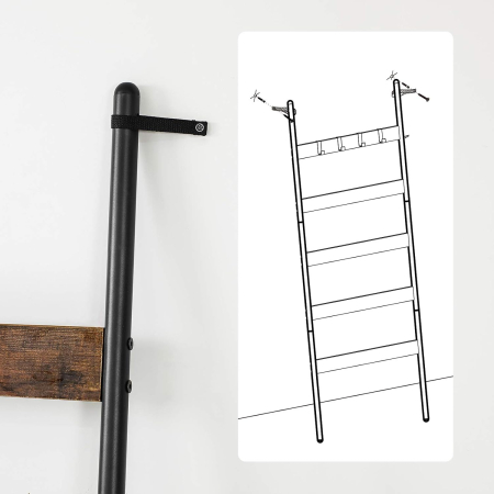 VASAGLE Cuier baie tip scara inclinata, cadru din otel cu 5 nivele, agatatori detasabile, 65x178cm, maro rustic si negru [5]