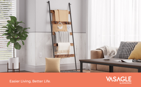 VASAGLE Cuier baie tip scara inclinata, cadru din otel cu 5 nivele, agatatori detasabile, 65x178cm, maro rustic si negru [8]