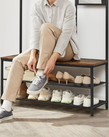 VASAGLE Cuier cu rafturi depozitare pantofi si ​​oglinda, industrial, 35x98x180 cm, maro rustic si negru [3]