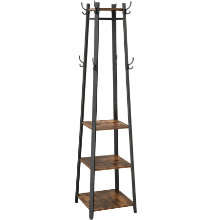 Cuiere - VASAGLE Cuier de haine cu 3 rafturi, suport cu carlige, din otel, 43x43x180 cm, stil industrial, maro rustic si negru