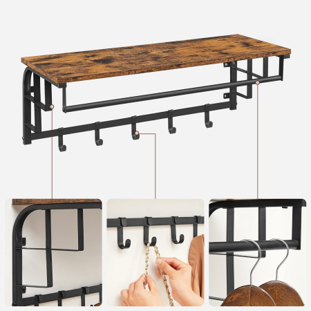VASAGLE Cuier de perete cu raft de depozitare, 5 carlige, 30x80x27 cm, maro rustic [4]