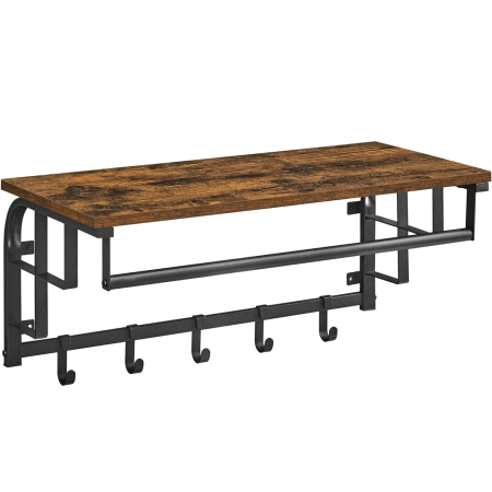 MOBILIER - VASAGLE Cuier de perete cu raft de depozitare, 5 carlige detasabile, 30x66x27cm, maro rustic si negru