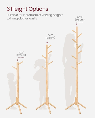 VASAGLE Cuier lemn masiv 47x47x175 cm, 8 carlige si inaltime reglabila, baza triunghiulara, natur [3]